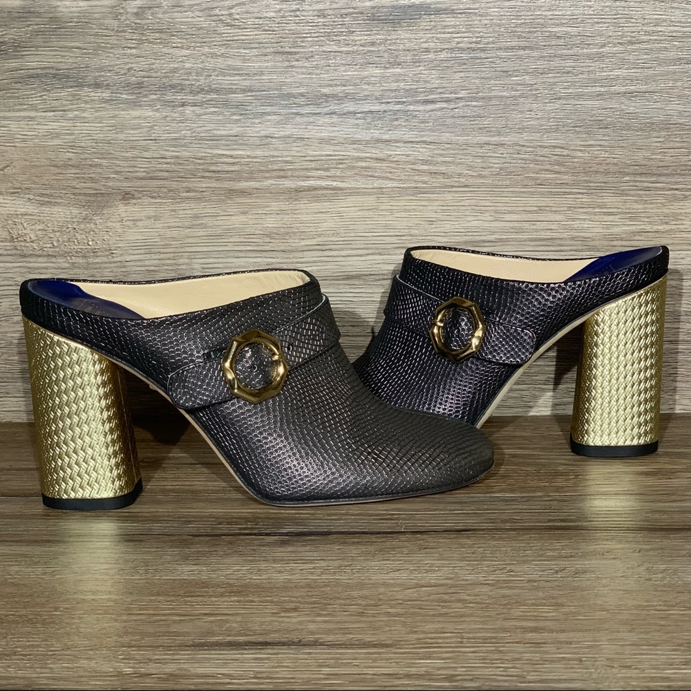 Valentina Rangoni Sansone Leather Block Heel Mule Grafite Black and Gold Size- 7
